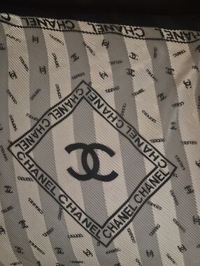 CHANEL Black and White Striped CC Logo Scarf